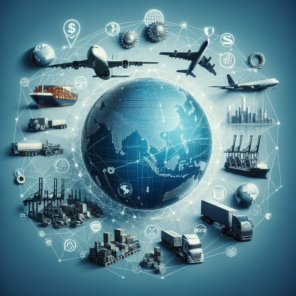 Ilustración de logística global con transporte aéreo, terrestre y marítimo alrededor del mundo.
