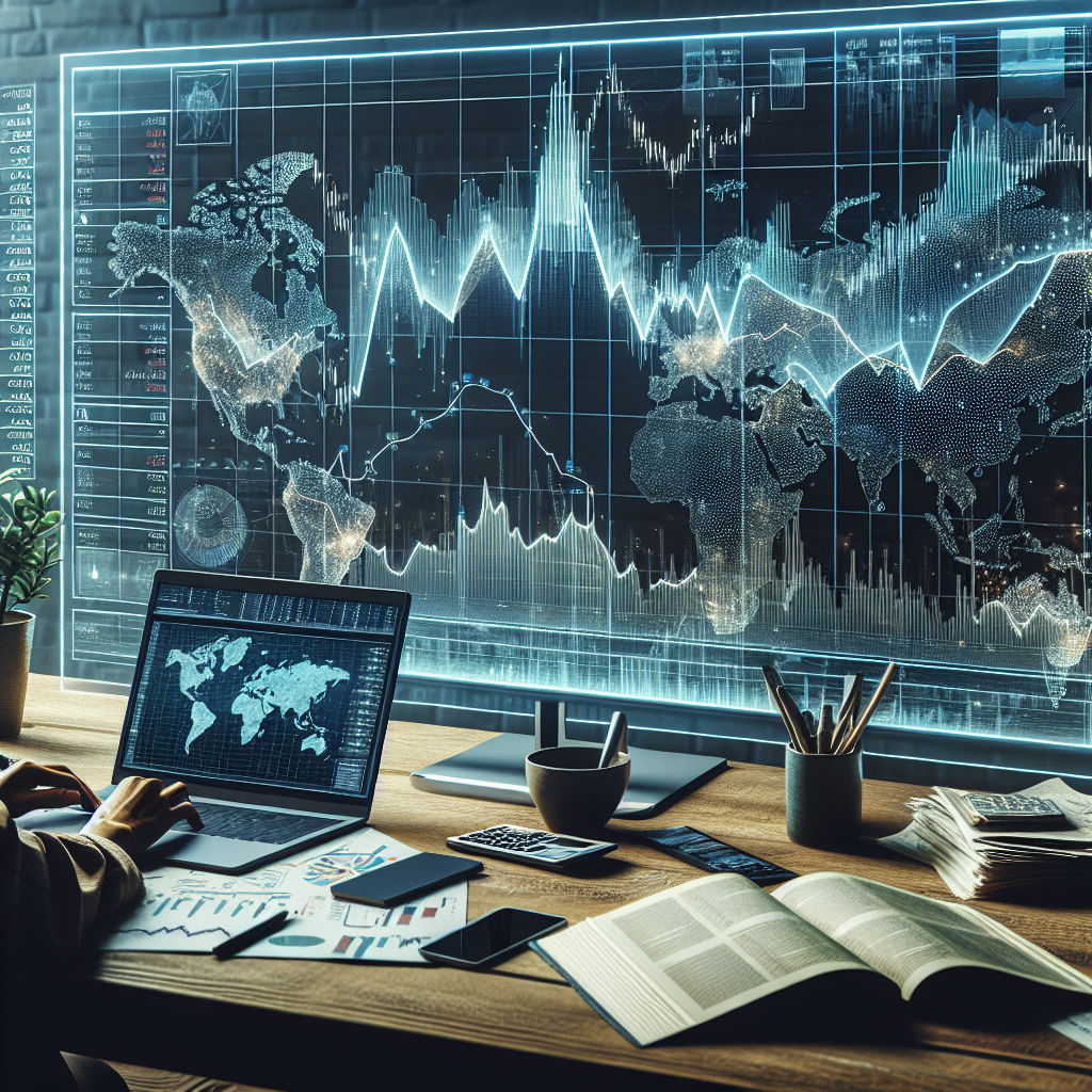 Analista trabajando con gráficos financieros y mapa mundial en pantalla digital.