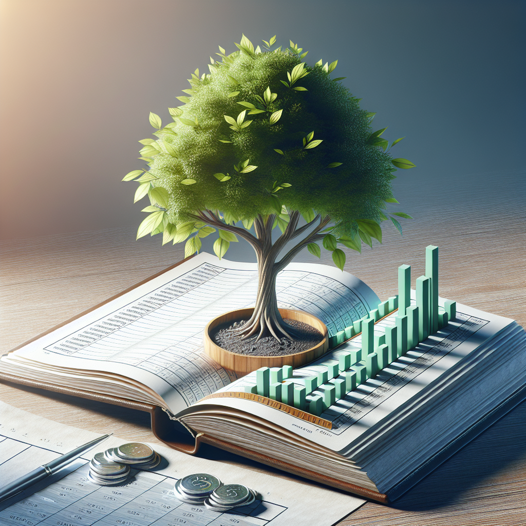 Árbol creciendo sobre un libro de contabilidad con gráficos y monedas, simbolizando el crecimiento financiero sostenible.