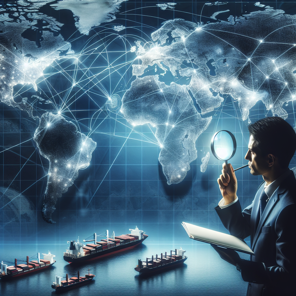 Representación de análisis logístico global con barcos y redes comerciales.