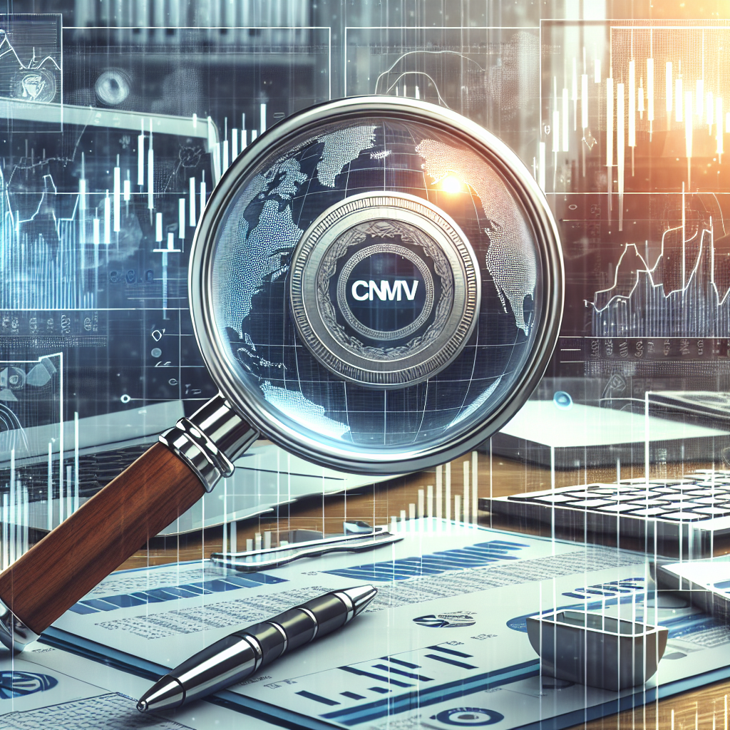 Lupa enfocada en gráficos financieros con el logotipo de CNMV.
