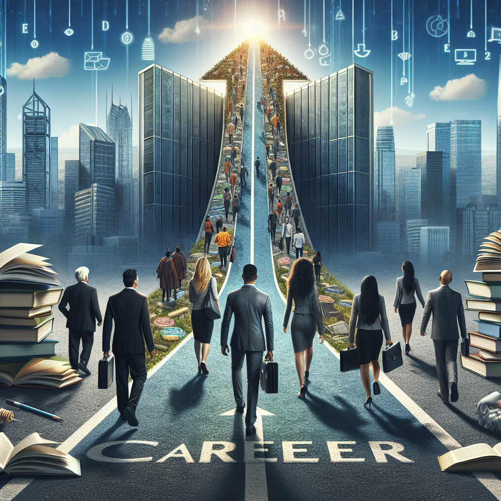 Camino hacia el éxito profesional en un entorno urbano futurista.